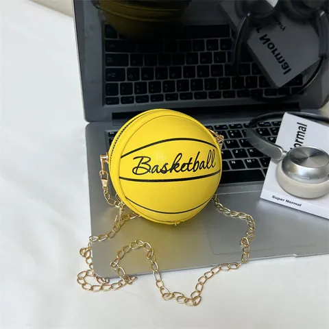 Bolso Bandolera Mini con Forma de Baloncesto para Mujer de Cuero PU Creativo Bolso de Hombro Redondo con Cadena de Metal Oro