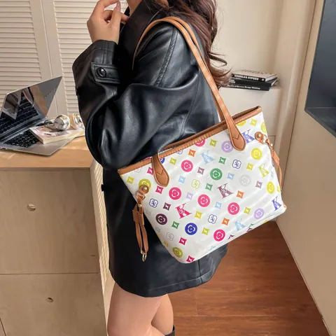 Borsa Tote da Donna Grande Capacità in Pelle PU con Stampa Monogramma Borsa a Spalla alla Moda per Pendolarismo Quotidiano