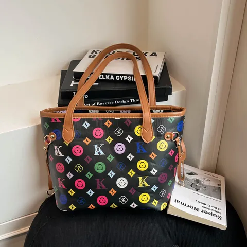 Borsa Tote da Donna Grande Capacità in Pelle PU con Stampa Monogramma Borsa a Spalla alla Moda per Pendolarismo Quotidiano
