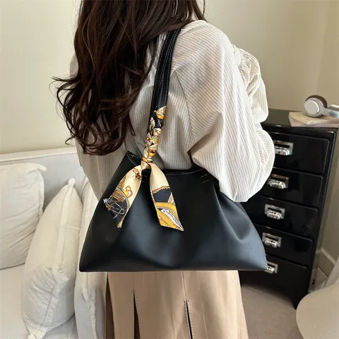 Women Minimalist PU Leather Tote Bag Large Capacity Underarm Shoulder Bag With Contrast Stitching And Decorative Satin Scarf Bag And Pouch Set