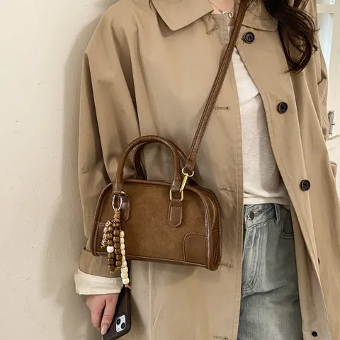 Retro Women PU Leather Patchwork Boston Bag Minimalist Crossbody Shoulder Bag With Elegant Beaded Charm Handheld Square Bag