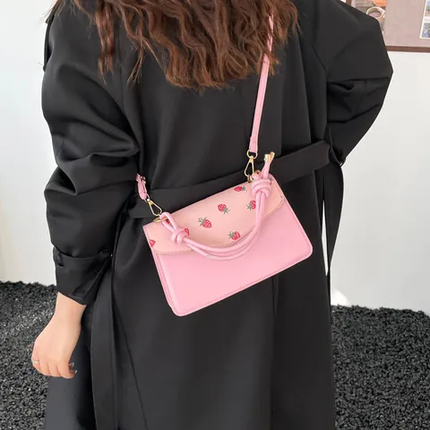 Kontrastfarbene Damen Umhängetasche Süßer Cartoon-Druck PU-Leder Geknoteter Griff Kleine Quadratische Schultertasche Riemen