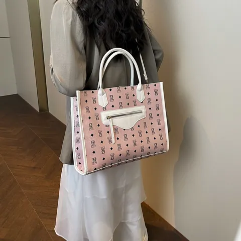 Bolso de Mano Retro con Monograma de Oso para Mujer Gran Capacidad de Cuero PU Bolso de Hombro con Bolsillo Delantero con Cremallera