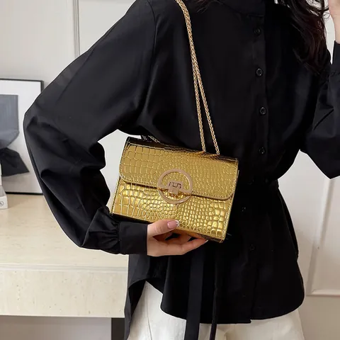 Women Fashion Crocodile Pattern Shoulder Bag Luxury Gold Chain Strap Crossbody Bag Mini Square Purse With Metal Lock
