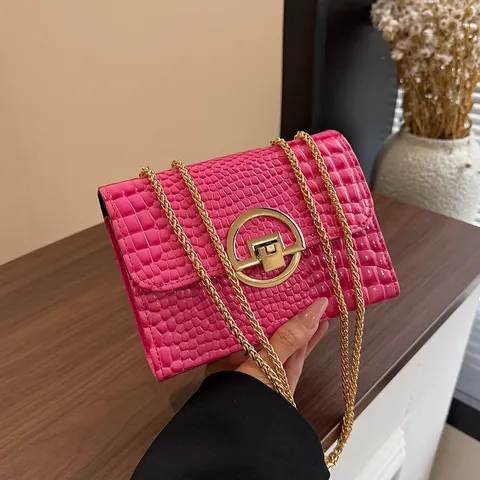 Women Fashion Crocodile Pattern Shoulder Bag Luxury Gold Chain Strap Crossbody Bag Mini Square Purse With Metal Lock