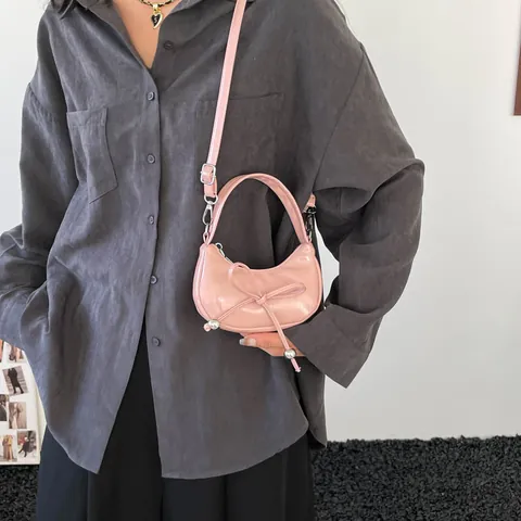 Sweet Bow PU Leather Mini Moon Crescent Shoulder Bag Cute Solid Color Handbag With Metal Ball Accent For Women Daily