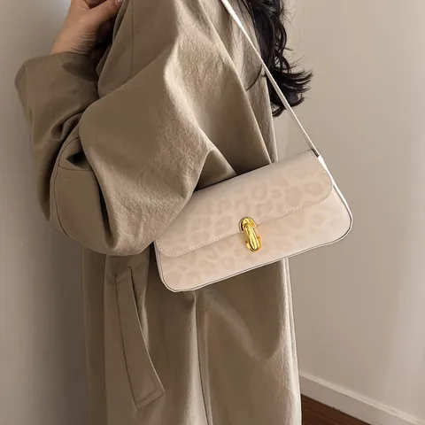 Leopard Print Underarm Bag For Women Vintage PU Suede Baguette Small Square Shoulder Bag With Gold Metal Lock Handbag