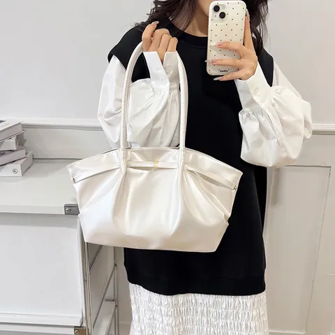 Borsa Tote in Pelle PU Lucida Con Pieghe Per Donna Grande Capacità Borsa a Spalla Retrò Casual Ufficio Lavoro