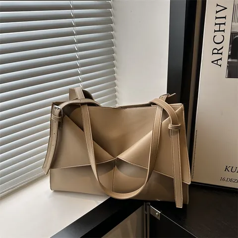 Dames Grote Capaciteit PU Leren Tote Bag Retro Geometrische Vouwen Ontwerp Schouder Onderarmtas Woon-werkverkeer Handtas