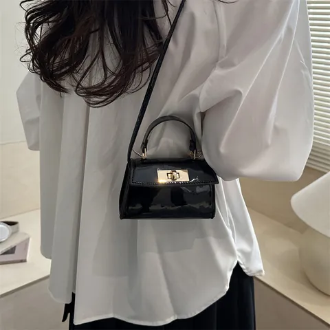 Minimalist Solid Color Mini Handbag For Women Fashion Patent Leather Crossbody Bag Vintage Square Satchel With Gold Lock