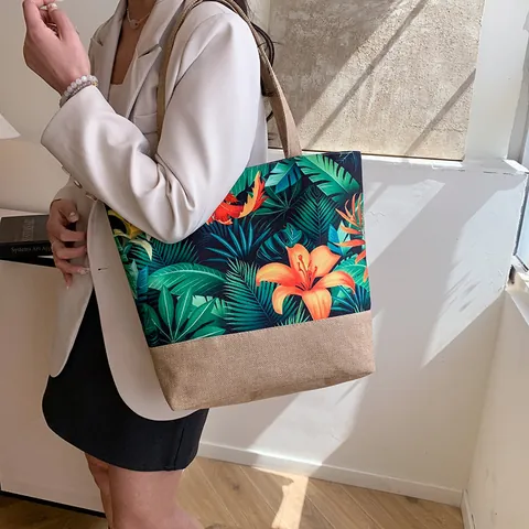 Grote Capaciteit Canvas Jute Tote Bag Voor Vrouwen Tropische Florale Planten Print Enkele Schouder Strandtas Vrijetijds Shopping Handtas