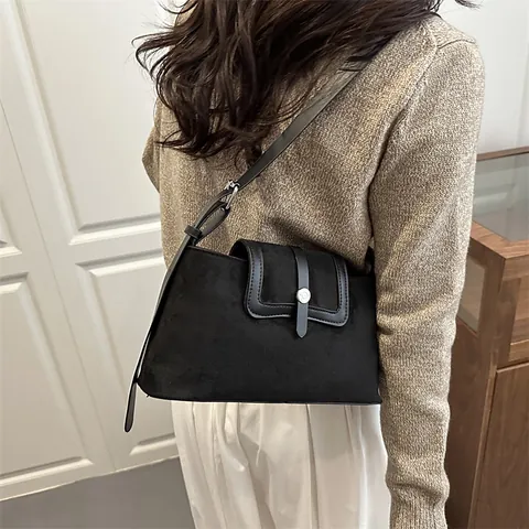 Vintage Suede PU Leather Baguette Bag For Women Retro Solid Color Flap Shoulder Bag Minimalist Commuting Underarm Bag