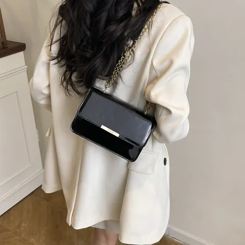 Women Retro Patent Leather Chain Shoulder Bag Small Square Flap Crossbody Bag With Gold Metal Decor Solid Color Elegant Daily Handbag