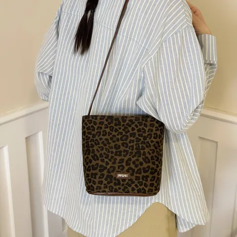 Damen Leopardenmuster Canvas Beuteltasche Vintage Umhängetasche Mit Kunstlederriemen Lässige Tragetasche Handtasche