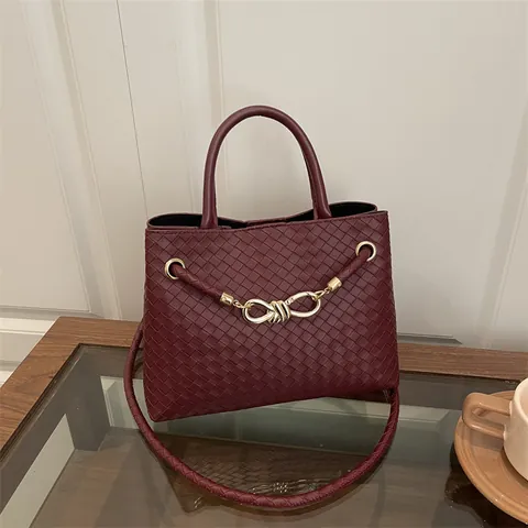 Damen Gewebte Tragetasche Goldener Knoten Metallschnalle PU Leder Schulter Umhängetasche Minimalistisches Intrecciato Design Handtasche Elegante Pendler Satchel