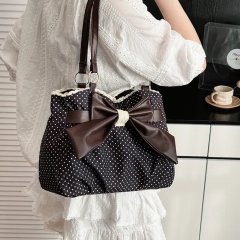Vintage Polka Dot Tote Bag Voor Vrouwen Grote Capaciteit Schoudertas Met Grote Strik En Kant Afwerking Mode Commuter Handtas