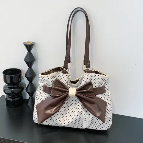 Vintage Polka Dot Tote Bag Voor Vrouwen Grote Capaciteit Schoudertas Met Grote Strik En Kant Afwerking Mode Commuter Handtas
