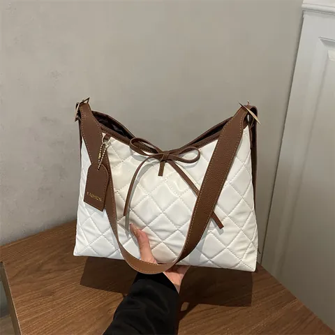 Women Quilted Diamond Stitching Large Capacity Shoulder Bag PU Leather Fashion Bow Decor Tote Bag Commuter Casual Underarm Bag