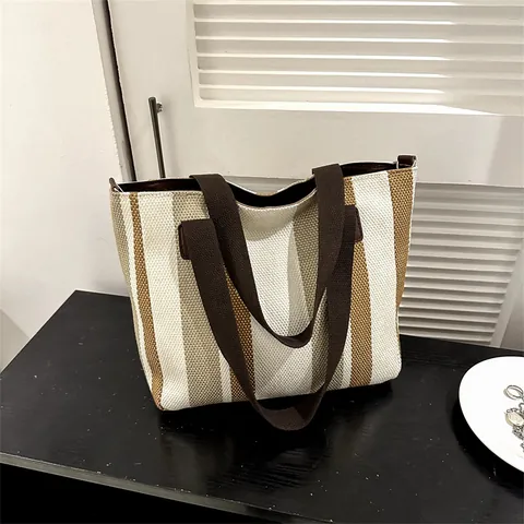 Lässige Canvas Gestreifte Tragetasche Damen Große Kapazität Neue Minimalistische Pendler Schultertasche Handtasche Verstellbarer Gurt