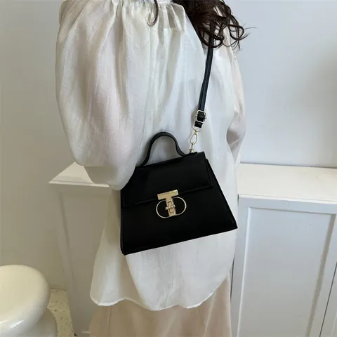 Women Fashion PU Leather Handbag Stylish Minimalist Shoulder Bag With Gold T-Lock Crossbody Bag Trapezoid Top Handle Bag