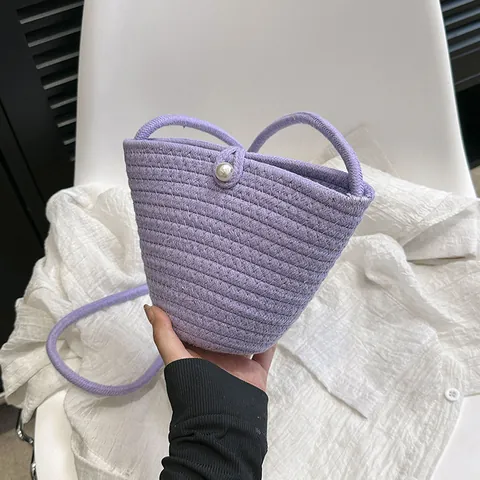 Women Retro Woven Bucket Bag Handwoven Cotton Rope Shoulder Bag With Artificial Pearl Buckle Casual Beach Vacation Crossbody Bag Handbag