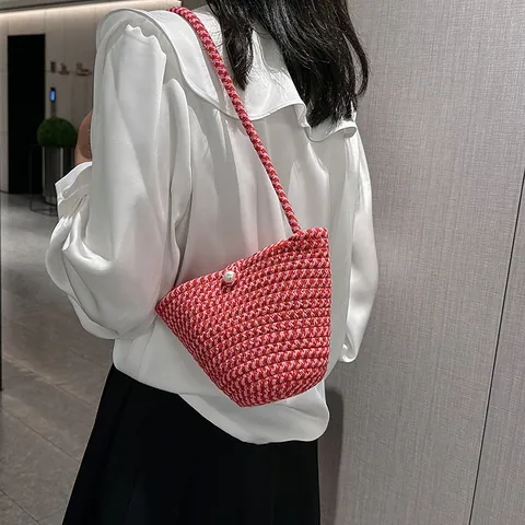 Women Retro Woven Bucket Bag Handwoven Cotton Rope Shoulder Bag With Artificial Pearl Buckle Casual Beach Vacation Crossbody Bag Handbag