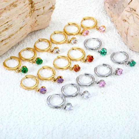 Boucles d'oreilles Créoles en Acier Inoxydable Plaqué Or 18K Avec Pendentifs en Zircone Multicolore Cœur Goutte Rond Triangle