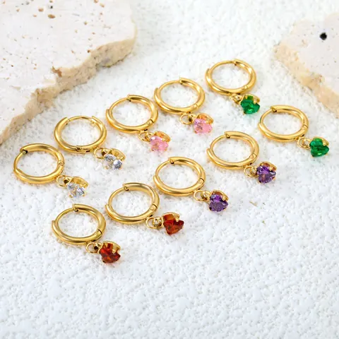 Boucles d'oreilles Créoles en Acier Inoxydable Plaqué Or 18K Avec Pendentifs en Zircone Multicolore Cœur Goutte Rond Triangle