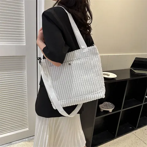 Sac Fourre-Tout en Velours Côtelé pour Femmes Sac à Bandoulière Rayé Grande Capacité pour Étudiants Bureau