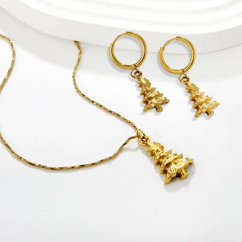 Set di Gioielli con Collana e Orecchini ad Albero di Natale in Acciaio Inossidabile Placcato Oro per Donna Moda di Lusso Leggera