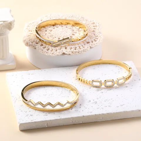 Edelstahl Geometrisches Armband 18K Vergoldet Hohlwelle Offener Armreif Mit Zirkon Muschel Emaille Gänseblümchen Schmuck