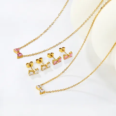 Eleganter Edelstahl Zirkonia Halskette Und Ohrringe Schmuck Für Damen Gold Silber Plattiert Schleife Schmetterling Gänseblümchen Blume Accessoire