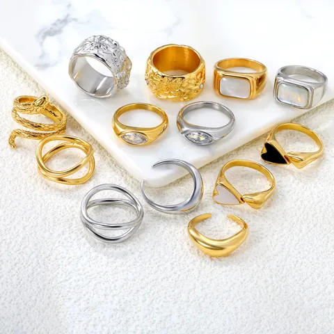 Luxury Stainless Steel Geometric Zirconia Snake Heart Mother Of Artificial Pearl Rings For Women 18K Gold Plated Vintage Adjustable Open Rings Fashion Jewelry Gift