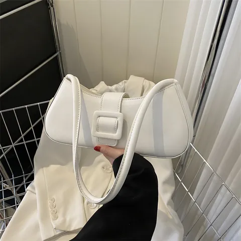 Bolso de Axila para Mujer de Cuero PU Vintage Hebilla Cuadrada Bolso Baguette Moda Color Sólido Bolso de Hombro Diario