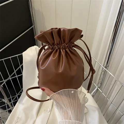 Damen Mode PU-Leder Kordelzug Beuteltasche Retro Einfarbig Umhängetasche Minimalistisch Eimerförmige Tasche Für Den Alltag
