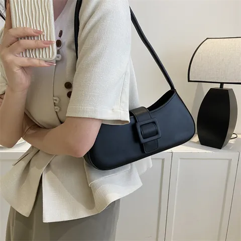 Bolso de Axila para Mujer de Cuero PU Vintage Hebilla Cuadrada Bolso Baguette Moda Color Sólido Bolso de Hombro Diario