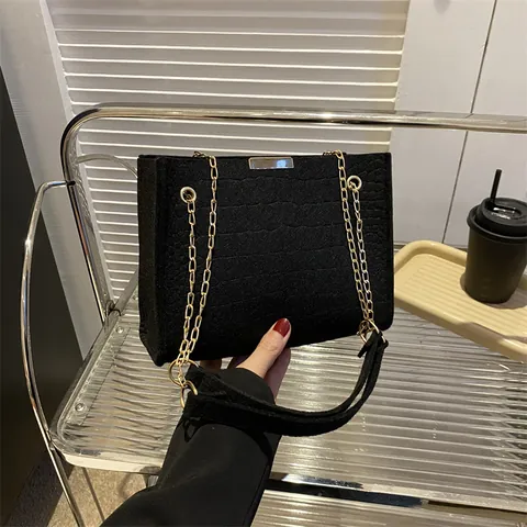 Sac à Bandoulière Tendance en Feutre Motif Crocodile pour Femmes Chaîne Dorée de Luxe Petit Sac à Épaule Carré Mode Été