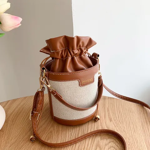 Vintage Patchwork Καμβάς PU Δέρμα Τσάντα Bucket Γυναικεία Αντίθεση Χρώματος Κορδόνι Ώμου Crossbody Casual Τσάντα
