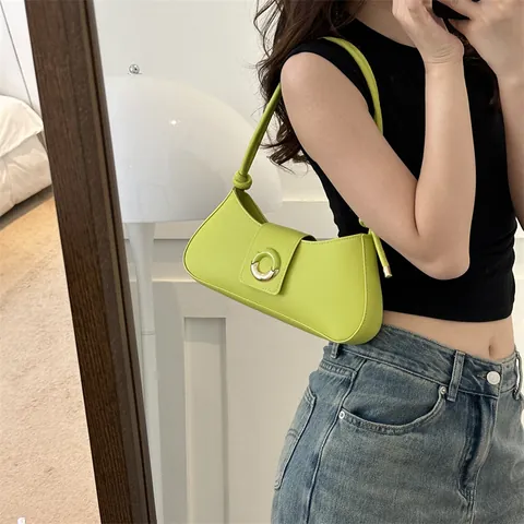 Damen Trendy Minimalistische Achseltasche PU Leder Baguette Schultertasche Mit Rundschnalle Knotengurt Casual Daily Tote