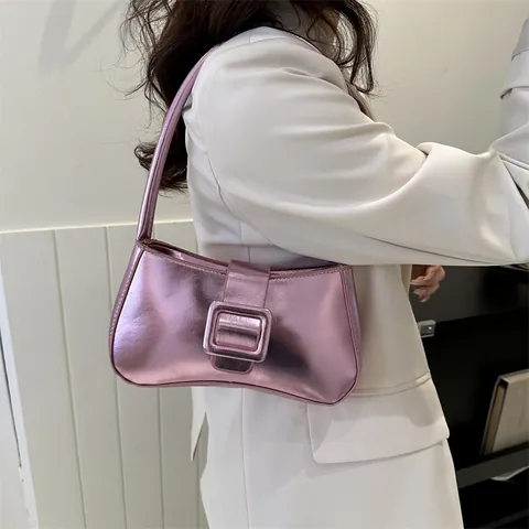 Bolso de Axila Minimalista de Cuero de PU para Mujer con Hebilla Cuadrada Grande Bolso de Hombro Color Sólido Bolso Baguette