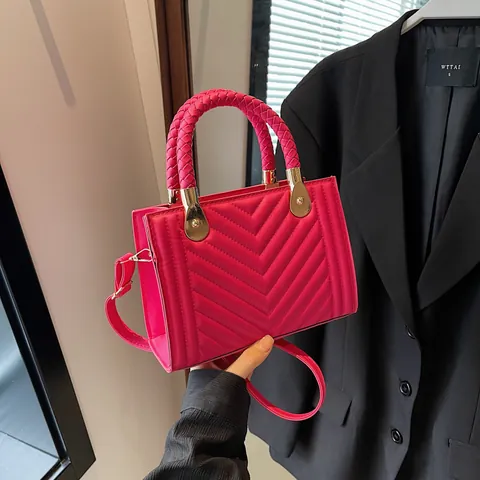Chevron Quilted Small Square Crossbody Bag For Women PU Leather Handbag With Woven Handle Gold Hardware Adjustable Strap