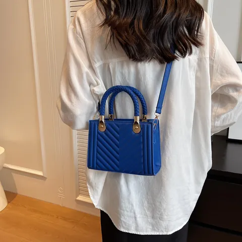 Chevron Quilted Small Square Crossbody Bag For Women PU Leather Handbag With Woven Handle Gold Hardware Adjustable Strap