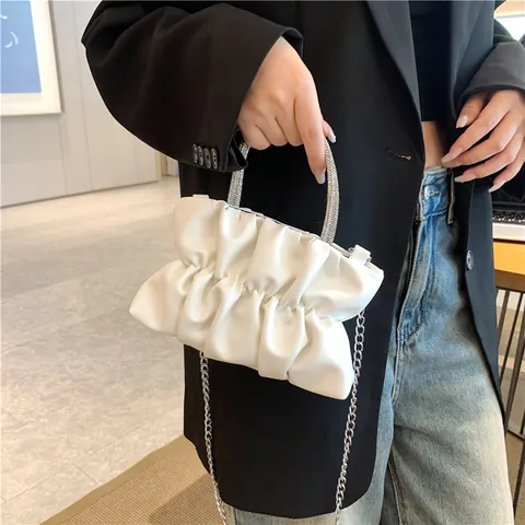Damen Strass Griff Geraffte Wolke Tasche Mode PU Leder Kette Umhängetasche Elegante Abend Handtasche Für Tägliche Party