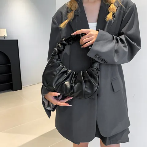 Women Fashion Ruched Hobo Bag PU Leather Pleated Cloud Handbag Minimalist Crescent Underarm Shoulder Bag Daily Street Style