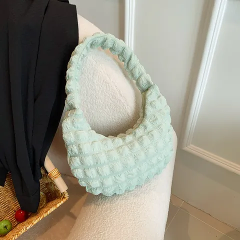Bolso de Axila para Mujer Retro con Textura de Burbuja Lona Plisado Hobo Bolso de Hombro Moda Casual Color Sólido Bolso de Mano