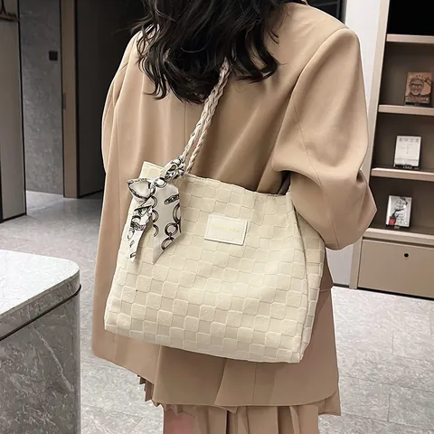 Damen Große Kapazität Leinwand Tote Tasche Schachbrettmuster Gewebte Geflochtene Griff Schultertasche Dekorative Schal Handtasche