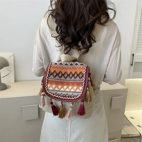 Mini Mochila de Estilo Étnico para Mujer Bordado Borla Bohemio Lona Viaje Mochila Retro Patrón Geométrico Casual Daypack