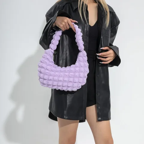 Bolso de Axila para Mujer Retro con Textura de Burbuja Lona Plisado Hobo Bolso de Hombro Moda Casual Color Sólido Bolso de Mano
