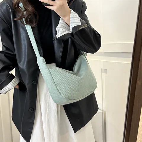 Women Corduroy Hobo Shoulder Bag With Mini Round Coin Purse Charm Retro Solid Color Messenger Bag Casual Tote Crossbody