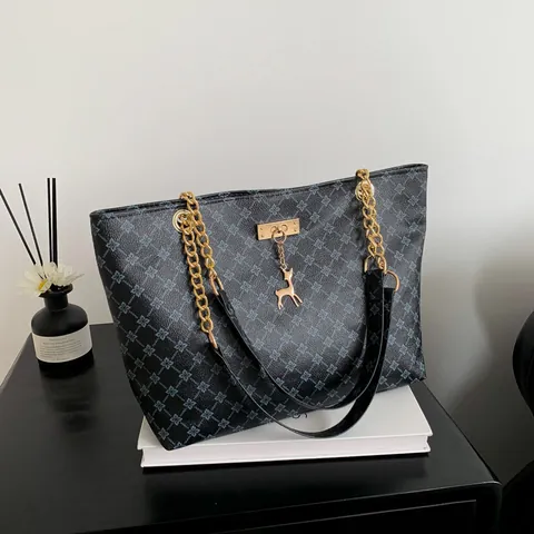 Damen Mode Einkaufstasche PU Leder Geometrisches Diamant Muster Große Kapazität Handtasche Goldkette Hirsch Anhänger Büro